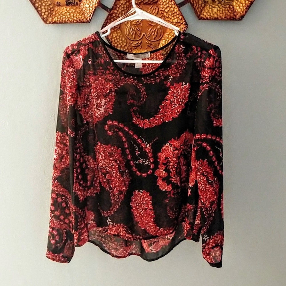 Elegant black & red pattern sheer blouse
